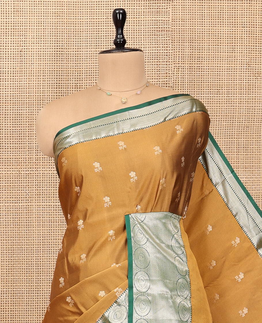 Mustard Budget Silk Saree, Decorated with Zari Buttas, Complemented by a Contrast Traditional Zari Border, Grand Jaal Pallu, and Contrast Blouse