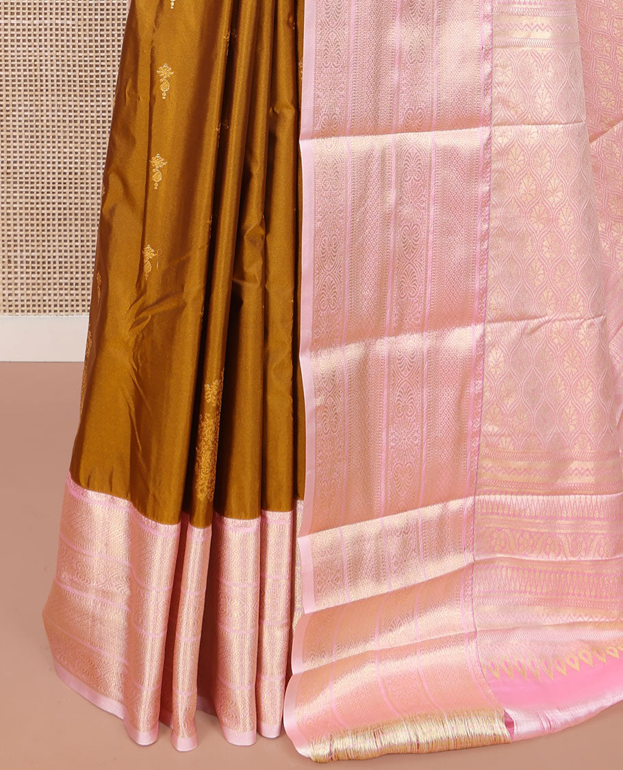 Dark Mustard Budget Silk Saree, Mesmerized with Zari Buttas All Over Its Body, Complemented by a Contrast Traditional Zari Design Border, Grand Pallu of Ogee Patterns, and Paired with a Contrast Blouse