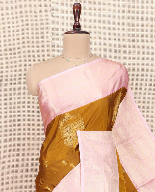 Dark Mustard Budget Silk Saree, Mesmerized with Zari Buttas All Over Its Body, Complemented by a Contrast Traditional Zari Design Border, Grand Pallu of Ogee Patterns, and Paired with a Contrast Blouse