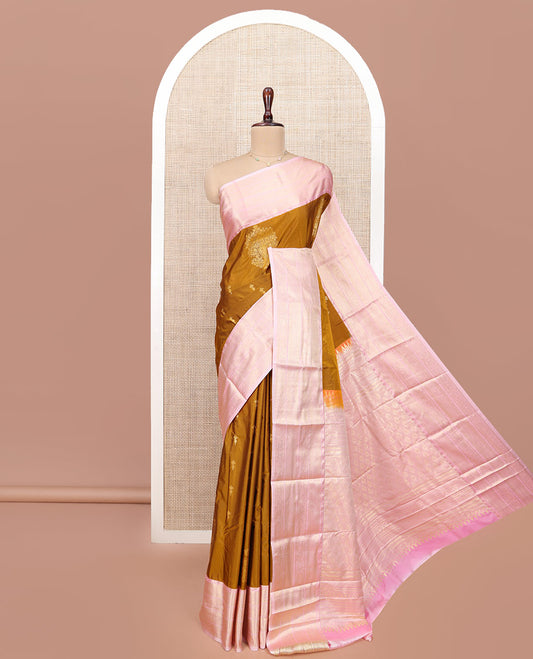 Dark Mustard Budget Silk Saree, Mesmerized with Zari Buttas All Over Its Body, Complemented by a Contrast Traditional Zari Design Border, Grand Pallu of Ogee Patterns, and Paired with a Contrast Blouse