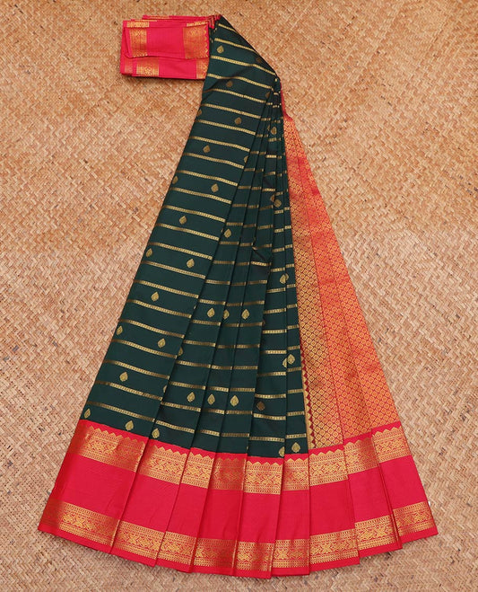 Green Budget Silk Saree, Enriched with Zari Buttas and Stripes All Over Its Body, Complemented by Contrast Traditional Zari Designs Woven Rettai Pettu Border, Grand Jaal Pallu, and Paired with a Contrast Blouse