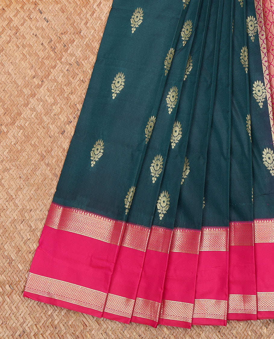 Green Budget Silk Saree, Detailed with Zari Buttas All Over Its Body, Complemented by a Contrast Traditional Zari Design Woven Rettai Pettu Border, Majestically Detailed Pallu of Jaal Designs, and Paired with a Contrast Blouse