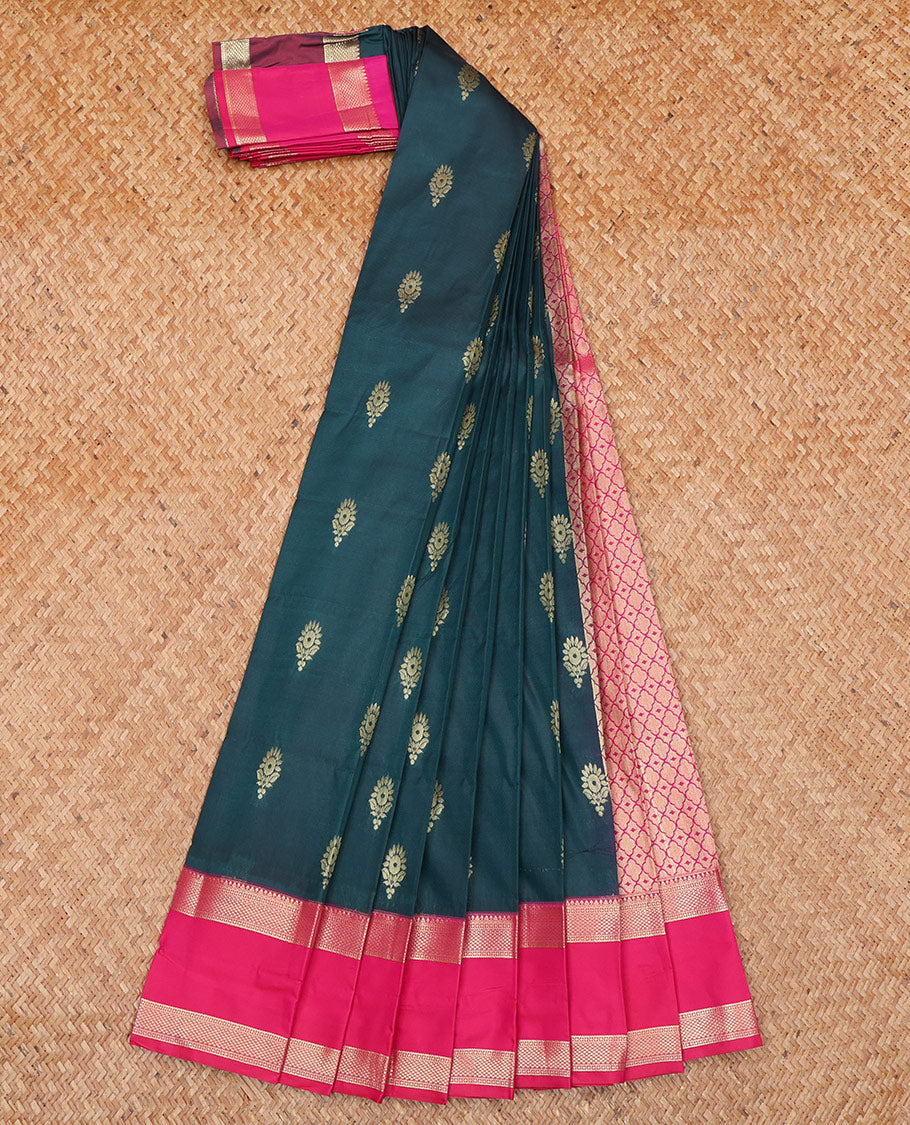 Green Budget Silk Saree, Detailed with Zari Buttas All Over Its Body, Complemented by a Contrast Traditional Zari Design Woven Rettai Pettu Border, Majestically Detailed Pallu of Jaal Designs, and Paired with a Contrast Blouse