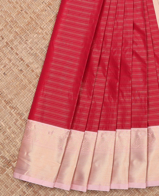 Red Budget Silk Saree, Steeped with Zari Stripes All Over Its Body, Complemented by a Contrast Traditional Zari Design Border, Gleaming Zari-Woven Pallu, and Paired with a Contrast Blouse