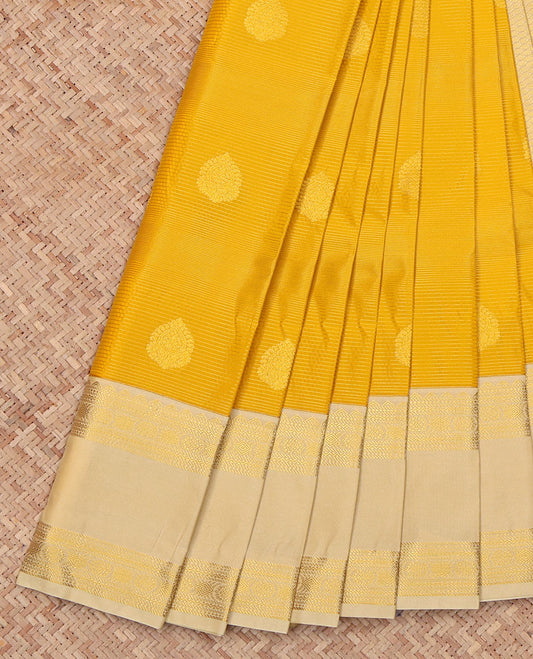 Yellow Budget Silk Saree, Subtly Sparkled with Zari Buttas on Its Body, Complemented by a Contrast Traditional Zari Design Woven Rettai Pettu Border, Sparsely Woven Jaal Pallu, and Paired with a Contrast Blouse