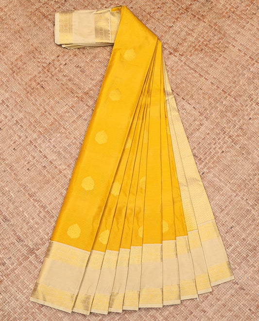 Yellow Budget Silk Saree, Subtly Sparkled with Zari Buttas on Its Body, Complemented by a Contrast Traditional Zari Design Woven Rettai Pettu Border, Sparsely Woven Jaal Pallu, and Paired with a Contrast Blouse