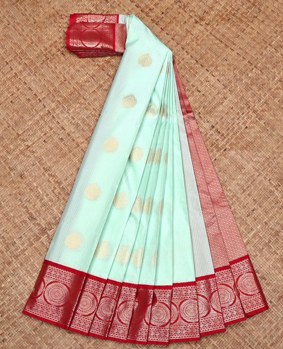 Turquoise Budget Silk Saree, Embellished with Zari Buttas All Over Its Body, Complemented by a Contrast Traditional Zari Design Border, Grand Jaal Pallu, and Paired with a Contrast Blouse