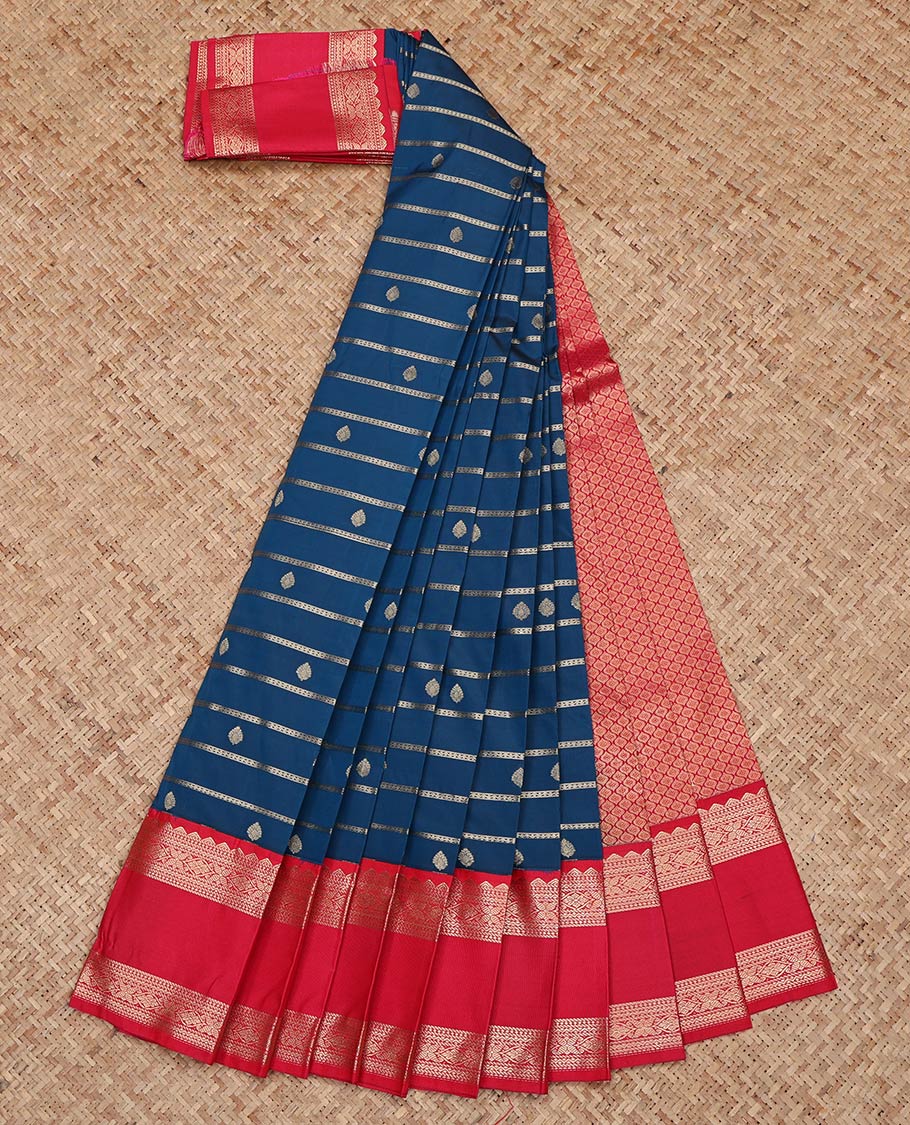 Blue Budget Silk Saree, Detailed with Zari Buttas and Stripes on Its Body, Complemented by a Contrast Traditional Zari Design Rettai Pettu Border, Grand Jaal Pallu, and Paired with a Contrast Blouse