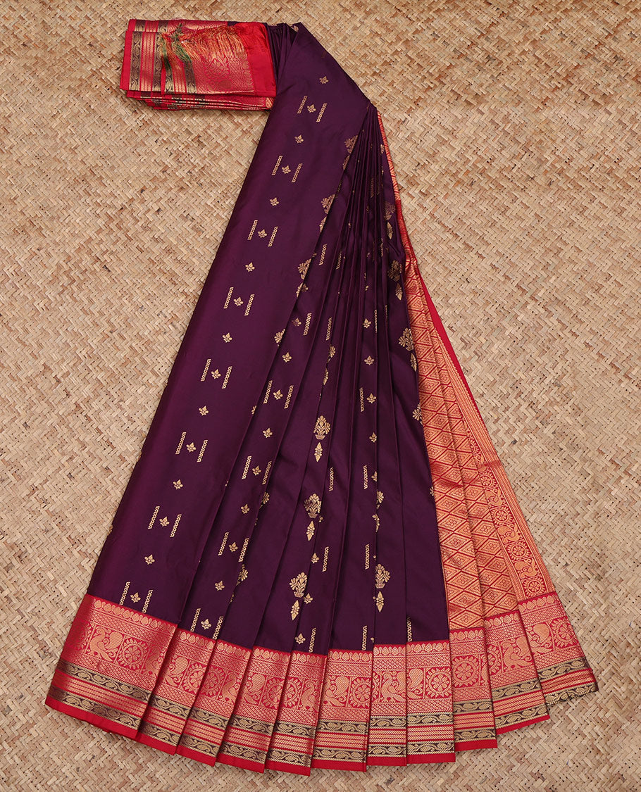 Purple Budget Silk Saree, Decorated with Zari Buttas All Over Its Body, Complemented by a Contrast Traditional Zari Design Peacock-Chakram Border, Grand Jaal Pallu, and Paired with a Contrast Blouse