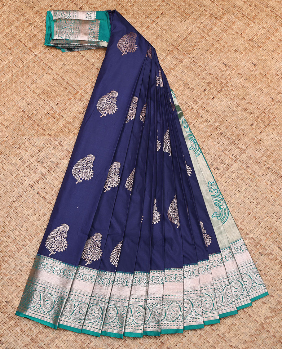 Navy Blue Budget Silk Saree, Crafted with Zari Buttas, Complemented by a Contrast Traditional Zari Border, Pallu of Paisleys, and a Contrast Blouse