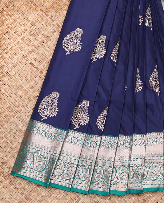 Navy Blue Budget Silk Saree, Crafted with Zari Buttas, Complemented by a Contrast Traditional Zari Border, Pallu of Paisleys, and a Contrast Blouse