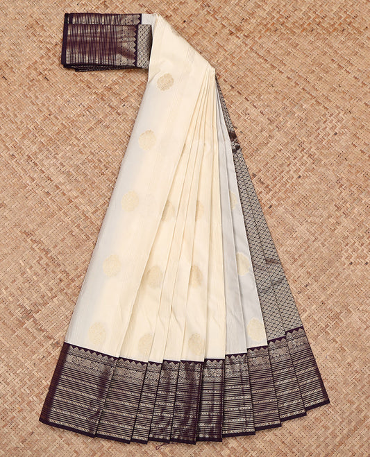Cream Budget Silk Saree, Subtly Sparkled with Zari Buttas, Complemented by a Contrast Traditional Zari Border, Jaal Pallu, and a Contrast Blouse