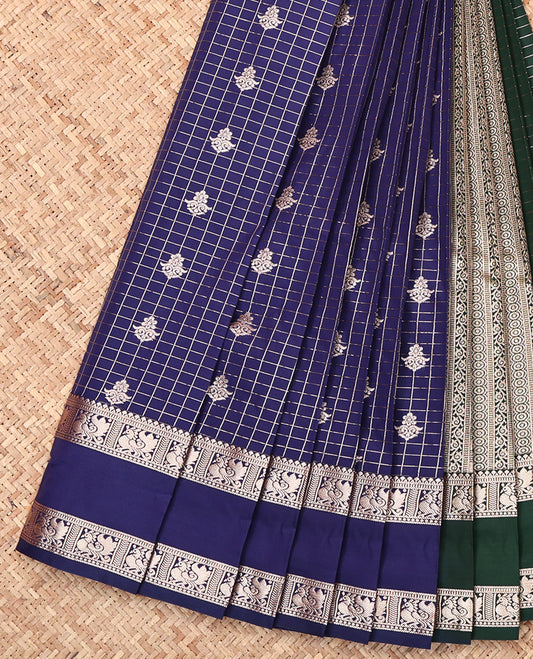 Blue Budget Silk Saree, Enriched with Zari Buttas and Checks, Complemented by a Traditional Zari Rettai Pettu Border, Contrast Intricate Pallu, and a Contrast Blouse