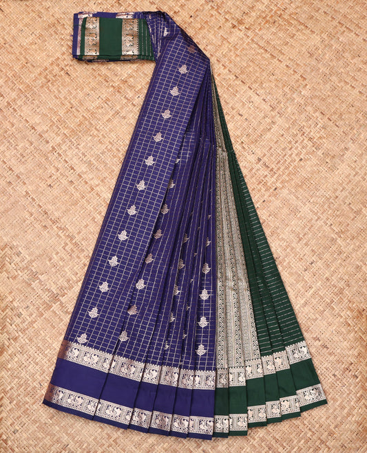 Blue Budget Silk Saree, Enriched with Zari Buttas and Checks, Complemented by a Traditional Zari Rettai Pettu Border, Contrast Intricate Pallu, and a Contrast Blouse