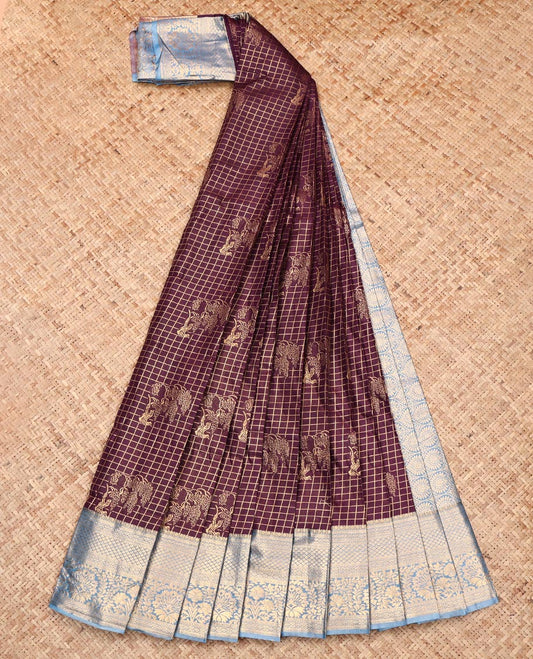 Brown Budget Silk Saree, Adorned with Zari Buttas and Checks, Complemented by Contrast Traditional Zari Border, Intricate Pallu, and Contrast Blouse