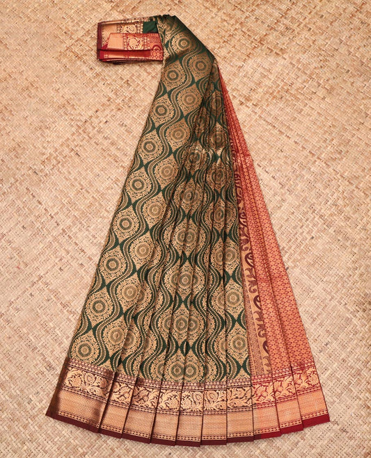 Green Budget Silk Saree, Gleamed Up with Ogee Jacquard Design, Complemented by a Contrast Traditional Zari Border, Grand Pallu, and a Contrast Blouse