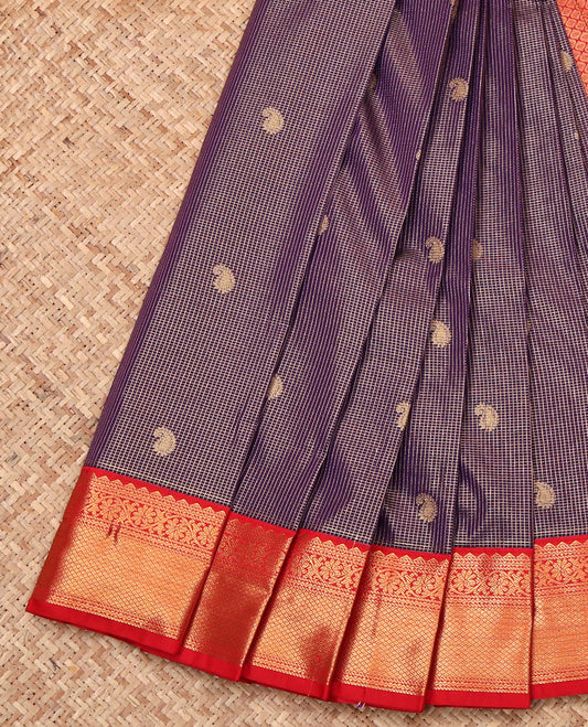 Blue Budget Silk Saree, Bedecked with Zari Buttas and Checks, Complemented by a Contrast Traditional Border, Jaal Pallu, and Contrast Blouse