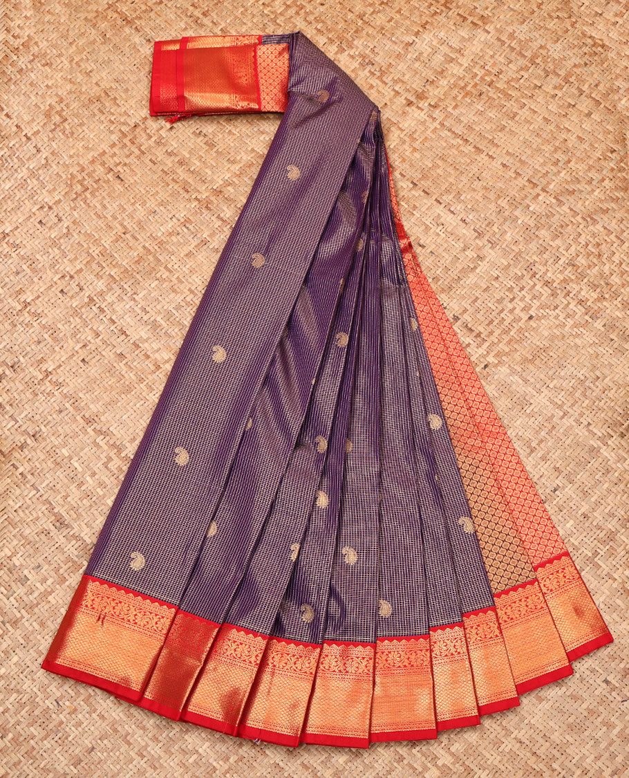 Blue Budget Silk Saree, Bedecked with Zari Buttas and Checks, Complemented by a Contrast Traditional Border, Jaal Pallu, and Contrast Blouse