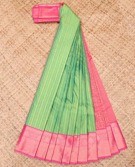 Green Budget Silk Saree, Accentuated with Zari Stripes, Complemented by a Contrast Traditional Zari Border, Grand Pallu, and a Contrast Blouse