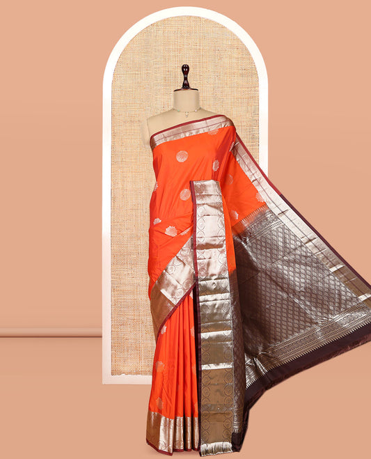 Orange Budget Silk Saree, Finely Crafted with Zari Buttas, Complemented by a Contrast Traditional Border, Pallu of Jaal Designs, and a Contrast Blouse