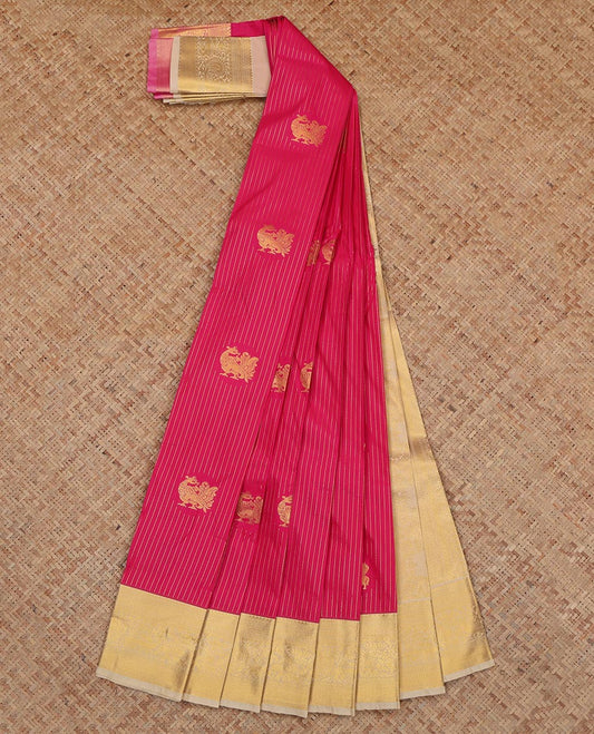 Pink Budget Silk Saree, Elevated with Peacock Buttas and Stripes, a Contrast Traditional Zari Border, a Grand Pallu and a Contrast Blouse