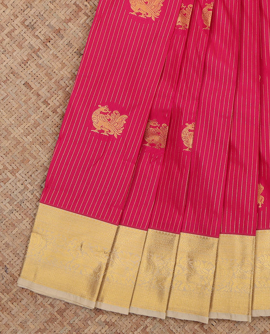 Pink Budget Silk Saree, Elevated with Peacock Buttas and Stripes, a Contrast Traditional Zari Border, a Grand Pallu and a Contrast Blouse