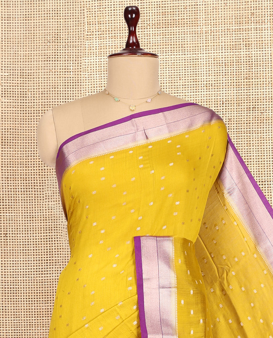 Mustard Assam Silk Saree, Woven with Zari Buttas, Complemented by Contrast Traditional Zari Border,  Zari Woven Pallu, and Contrast Blouse