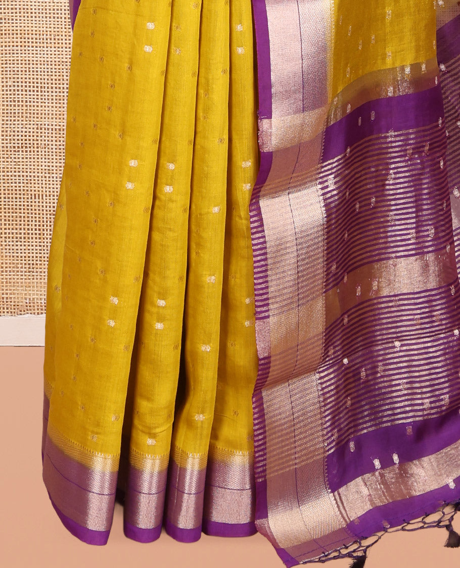 Mustard Assam Silk Saree, Woven with Zari Buttas, Complemented by Contrast Traditional Zari Border,  Zari Woven Pallu, and Contrast Blouse
