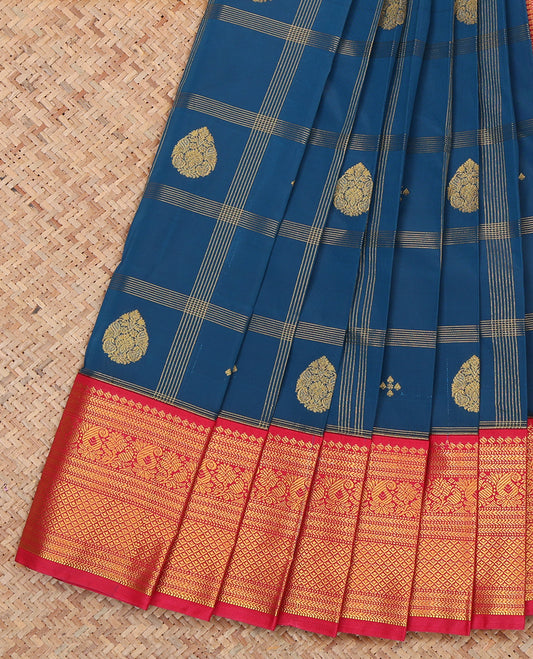Blue Budget Silk Saree, Woven with Zari Butta Enclosed Checks, a Contrast Traditional Zari Border, Grand Pallu, and a Contrast Blouse