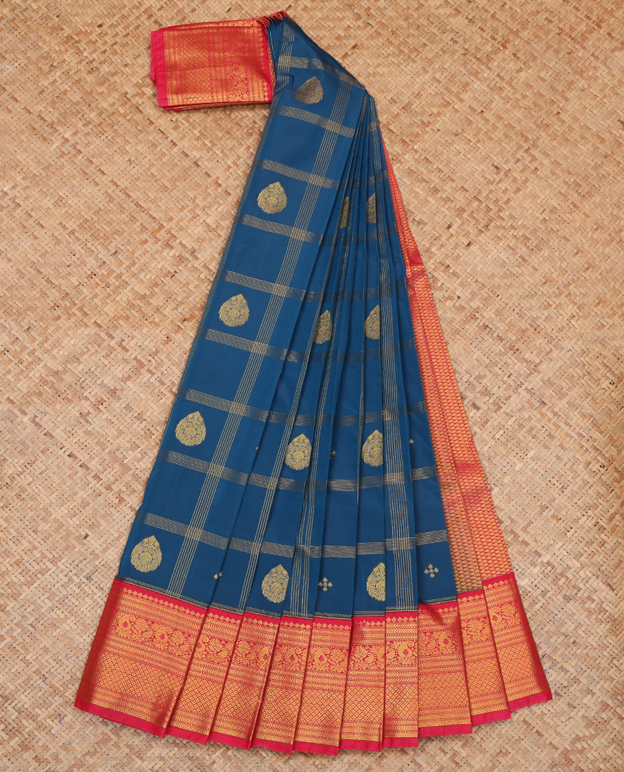 Blue Budget Silk Saree, Woven with Zari Butta Enclosed Checks, a Contrast Traditional Zari Border, Grand Pallu, and a Contrast Blouse
