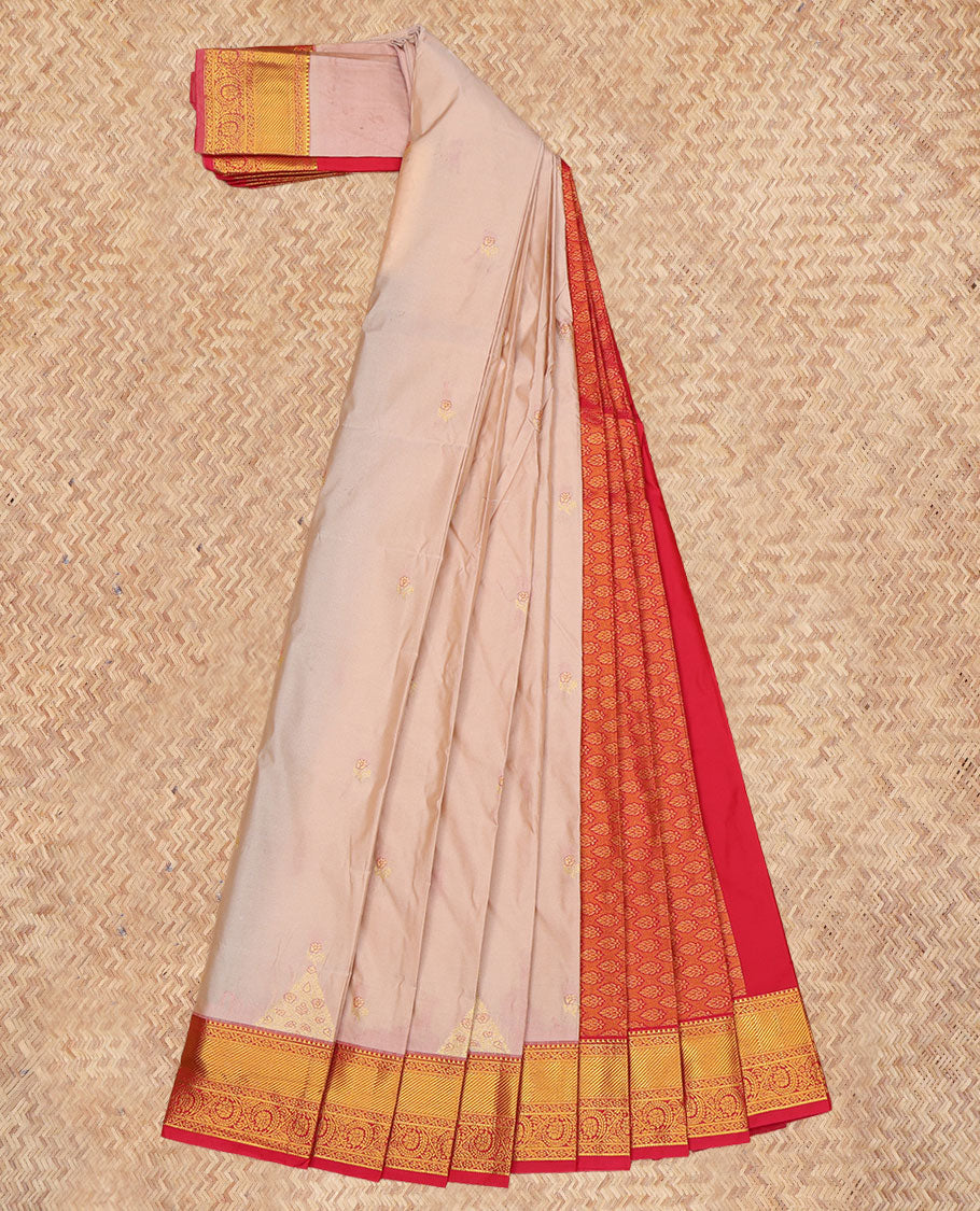 Sandal Budget Silk Saree, Graced with Zari Buttas Enclosed Checks, a Contrast Traditional Zari Border, Grand Pallu, and a Contrast Blouse