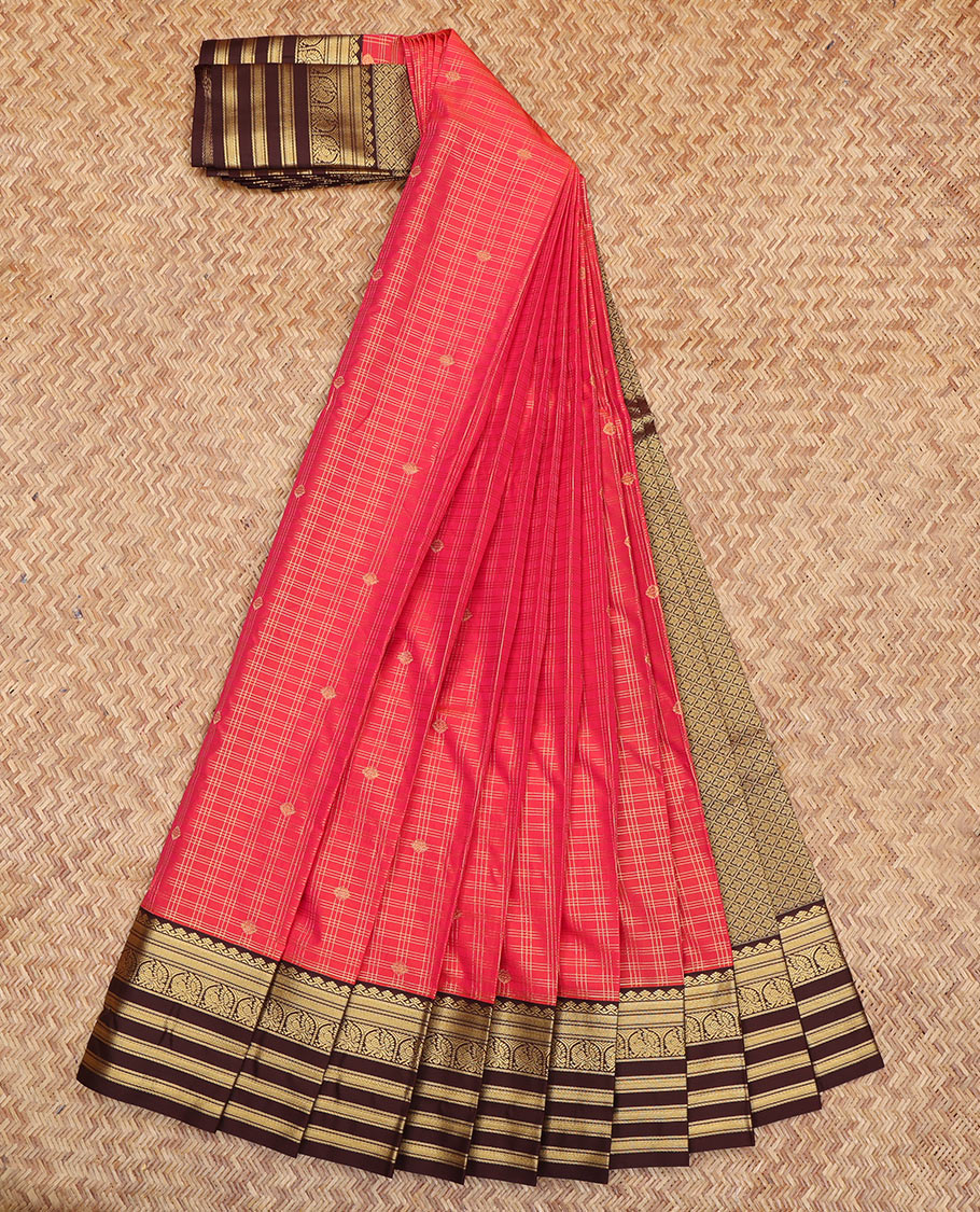 Red Budget Silk Saree, Bedecked with Zari Buttas and Checks, a Contrast Traditional Zari Border, Grand Pallu, and a Contrast Blouse