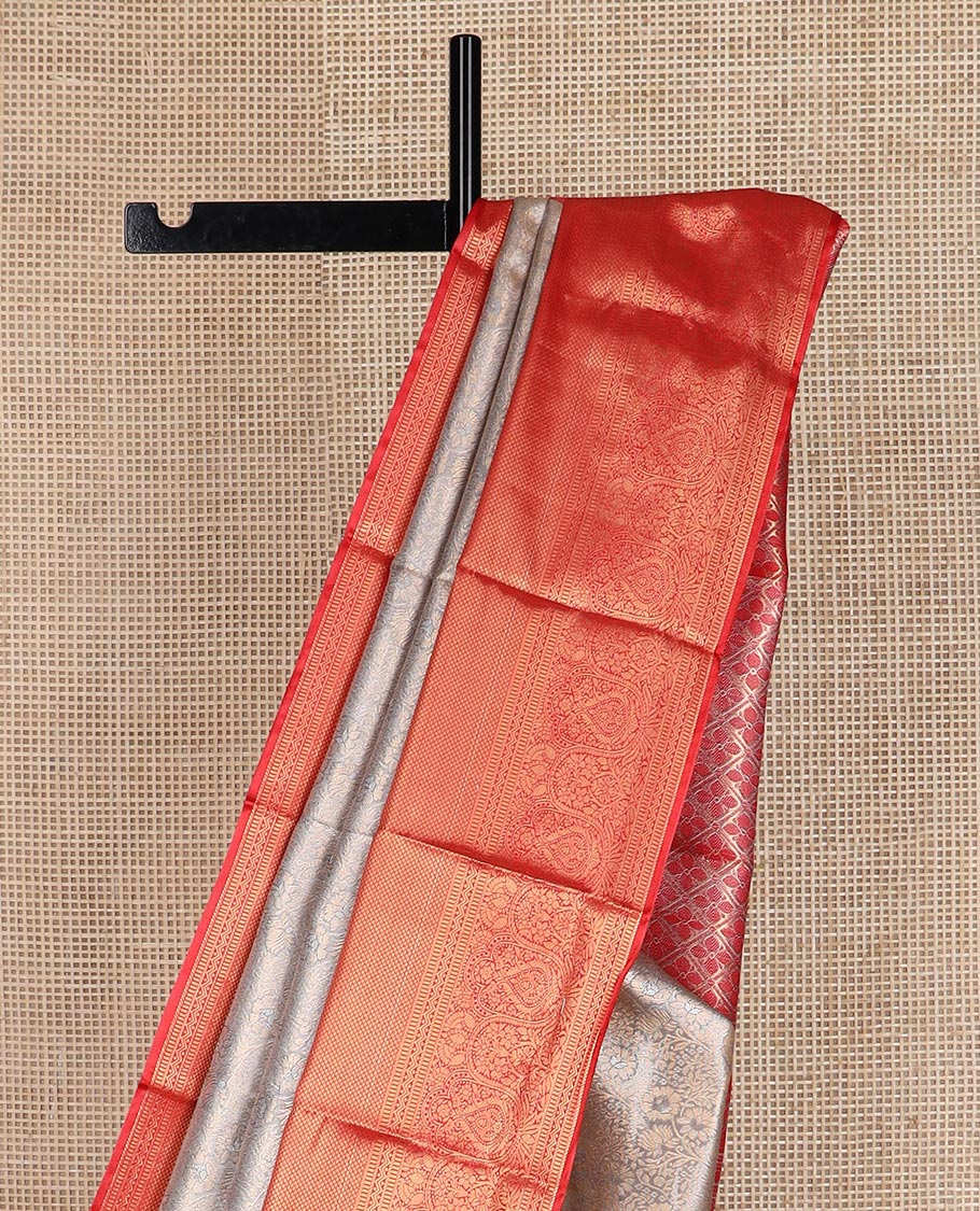 Sliver grey floral jacquard budget silk saree, contrast traditional zari border, and jaal pallu