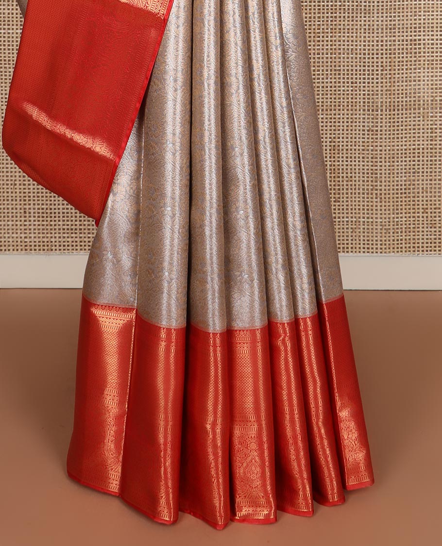 Sliver grey floral jacquard budget silk saree, contrast traditional zari border, and jaal pallu