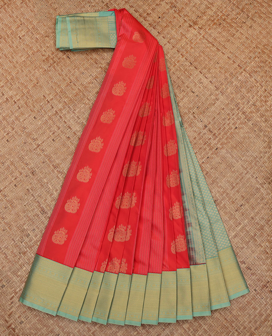 Red Budget Silk Saree, Enriched with Zari Buttas and Stripes, a Contrast Traditional Zari Border, Jaal Pallu, and a Contrast Blouse