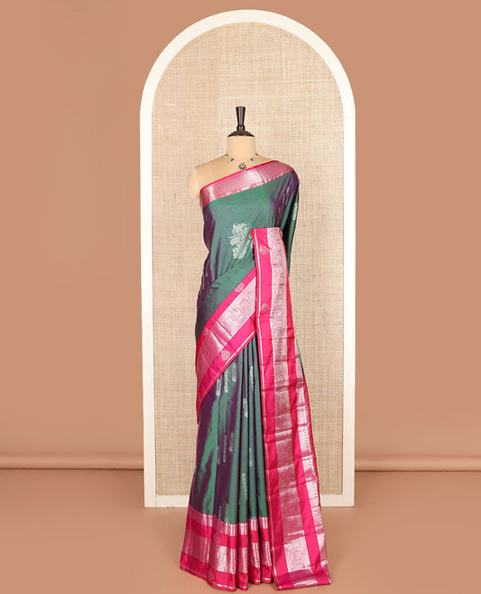 Green zari buttas budget silk saree, contrast traditional zari motifs border, and jaal pallu