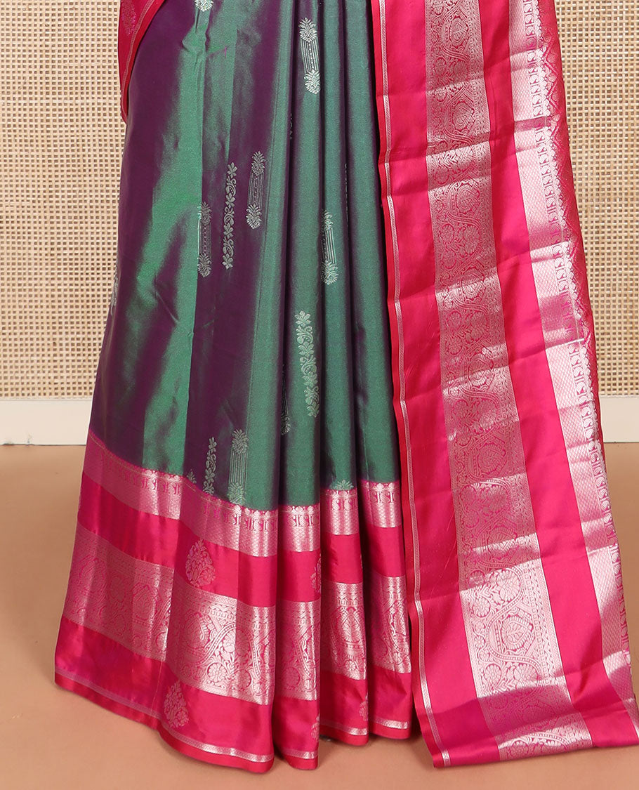 Green zari buttas budget silk saree, contrast traditional zari motifs border, and jaal pallu