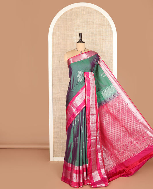 Green zari buttas budget silk saree, contrast traditional zari motifs border, and jaal pallu
