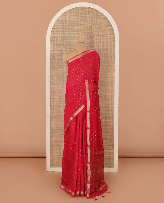 Red zari buttas Assam silk saree, temple zari border, and pallu of stripes