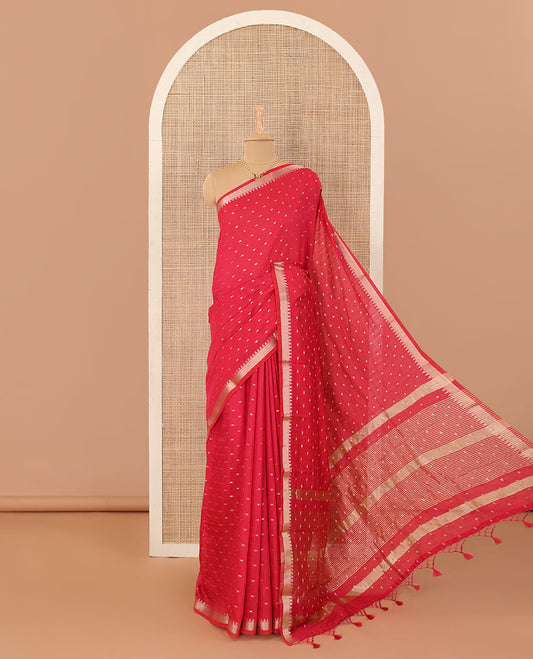 Red zari buttas Assam silk saree, temple zari border, and pallu of stripes