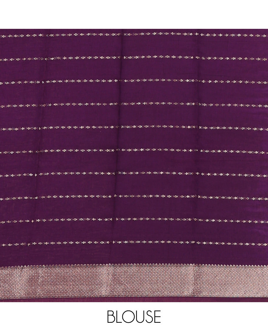 Sandal Assam Silk Saree Spotlighted with All-Over Buttas, Complemented by Contrast Traditional Zari Design Border, Pallu Elevated with Zari, and Paired with a Contrast Blouse