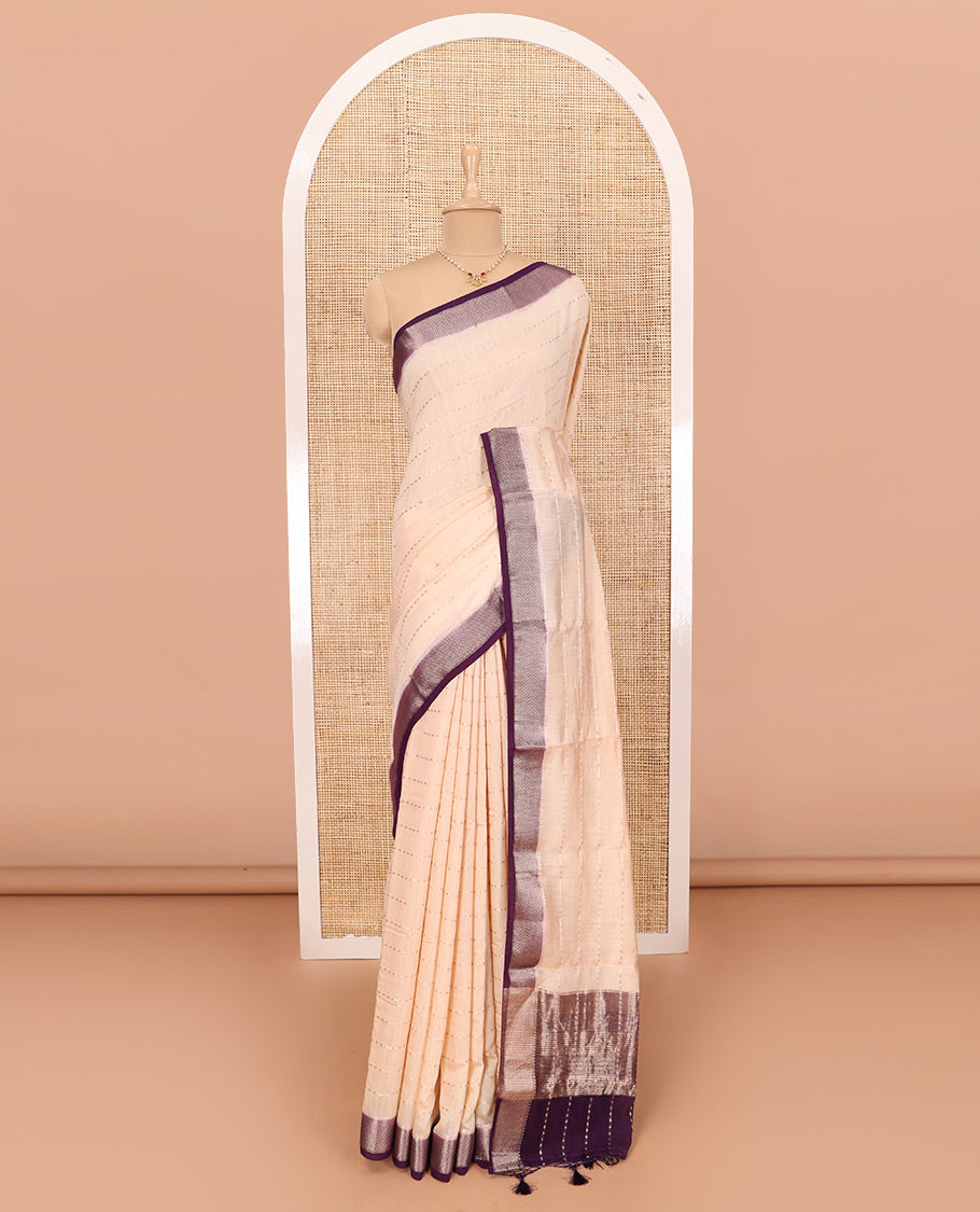 Sandal Assam Silk Saree Spotlighted with All-Over Buttas, Complemented by Contrast Traditional Zari Design Border, Pallu Elevated with Zari, and Paired with a Contrast Blouse