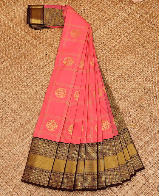 Pink zari buttas and checked budget silk saree, contrast traditional zari design border, and jaal pallu