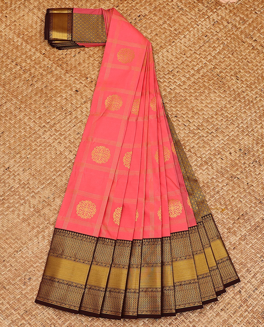 Pink zari buttas and checked budget silk saree, contrast traditional zari design border, and jaal pallu