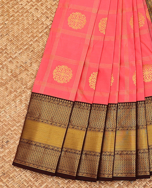 Pink zari buttas and checked budget silk saree, contrast traditional zari design border, and jaal pallu