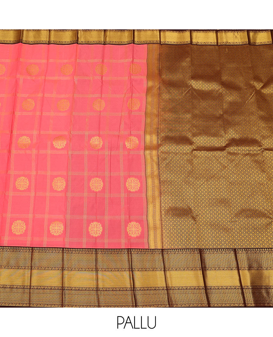 Pink zari buttas and checked budget silk saree, contrast traditional zari design border, and jaal pallu