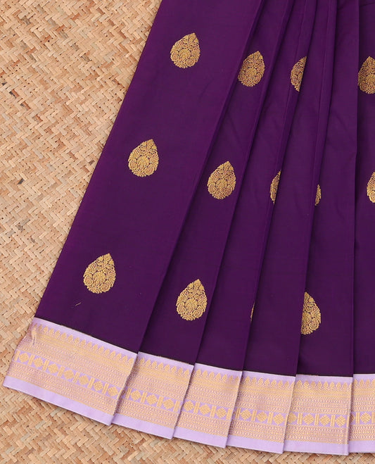 Violet Budget Silk Saree Highlighted with Zari Buttas All Over Its Body, Complemented by a Contrast Traditional Zari Design Border, Subtly Woven Pallu of Jaal Designs, and Paired with a Contrast Blouse