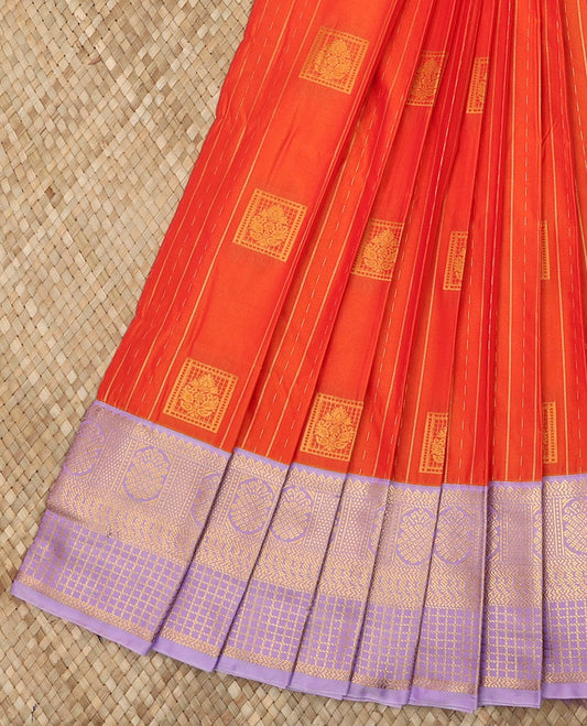 Orange Budget Silk Saree Woven with Zari Stripes and Buttas, Complemented with a Contrast Traditional Zari Design Border, Zari Elevated Jaal Pallu, and Paired with a Contrast Blouse