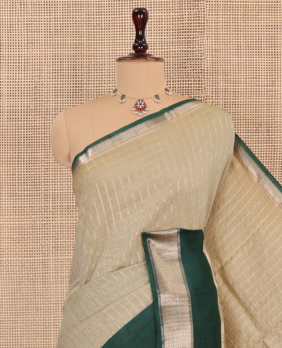 Grey Assam Silk Saree Subtly Sparkled with Micro-Checks, Complemented by Captivating Contrast Zari-Decked Up Border, Gleaming Zari-Woven Pallu, and Paired with a Contrast Blouse
