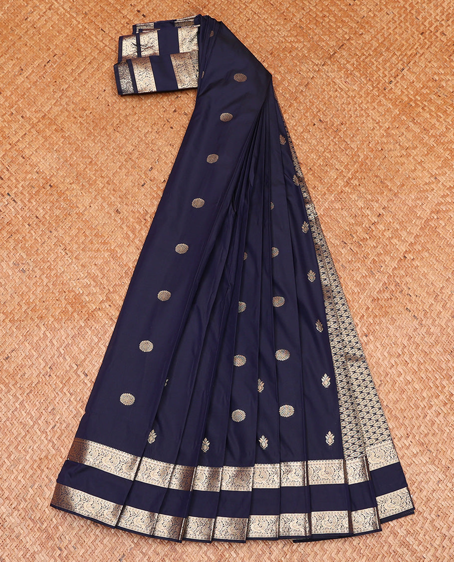 Dark Blue Budget Silk Saree, Adorned with Zari Chakram Buttas On Its Body, Highlighted by Traditional Rettai Pettu Border of Peacock Designs, Grand Jaal Pallu and Paired with a Matching Blouse